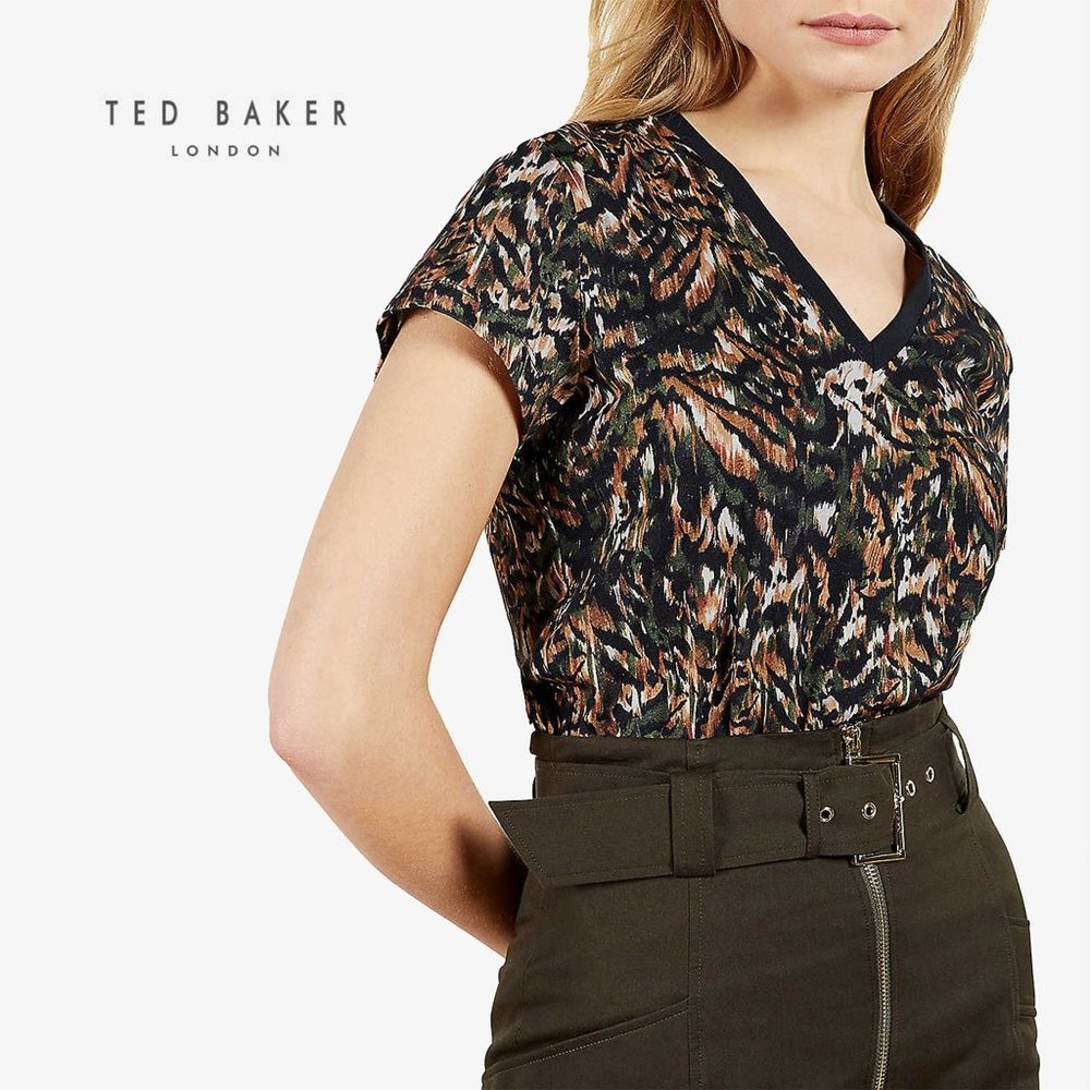 Ted Baker Multicolor Abstract Print Short Sleeve V-Neck Tee Sz Lg